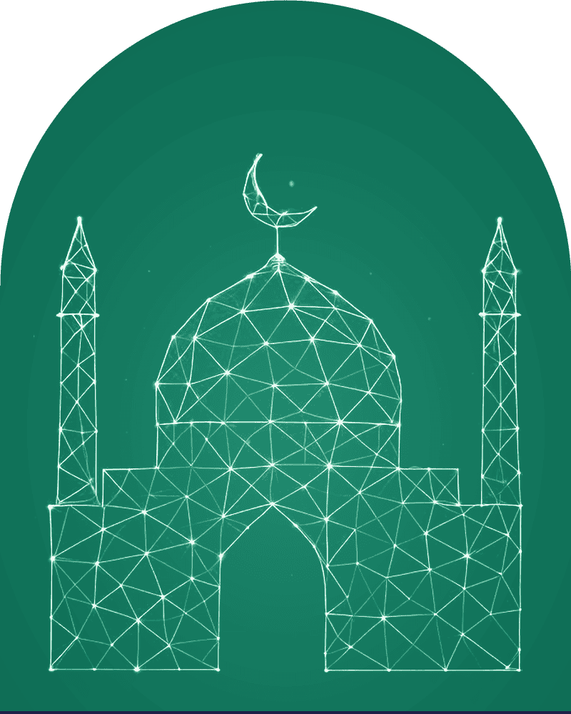 Mosque drawn as network lines in a green arch