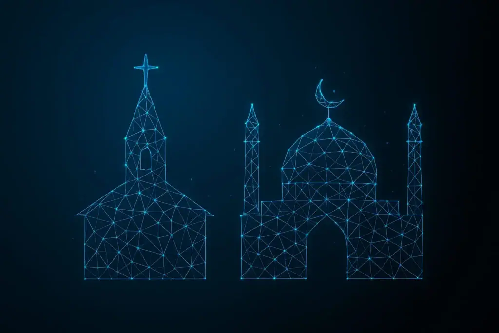 Church and mosque drawn as network lines